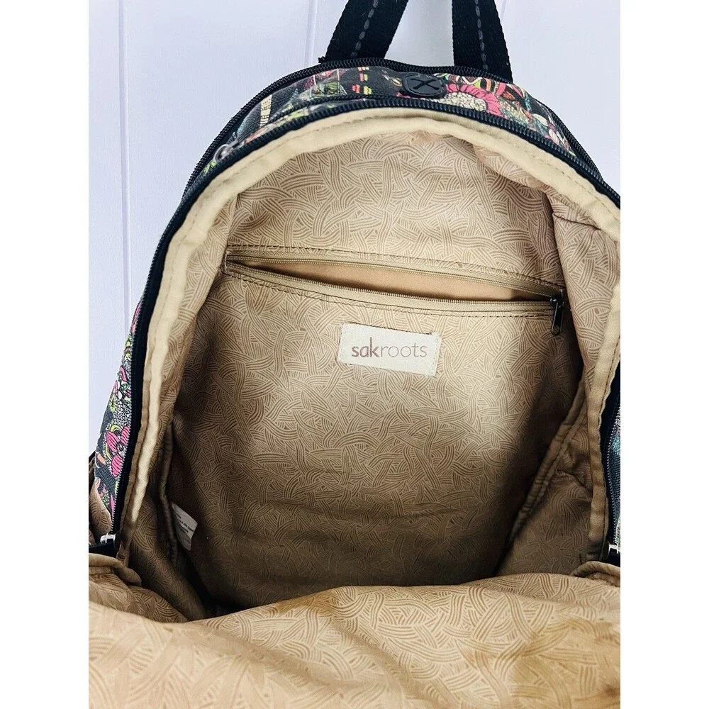 Sakroots Artist Circle Owl Floral Black Colorful Canvas Backpack